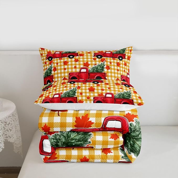 Erosebridal Christmas Comforter Set King, Red Truck Down Comforter, Xmas Tree Maple Leaves Bedding Set, Yellow Lattice Grid Comforters & Sets, Autum Quilt for Kids Teens Bedroom Decor