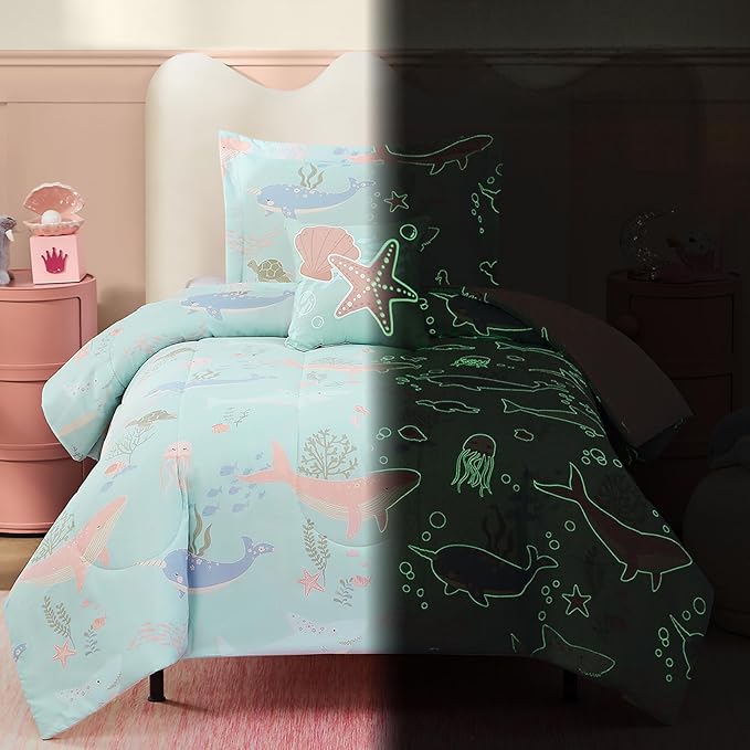 Twin Comforter Set for Girls-3 Pieces Ocean Animals Glow in the Dark Twin Bedding Sets for Kids,1 Comforter,1 Sham and 1 Decor Pillow