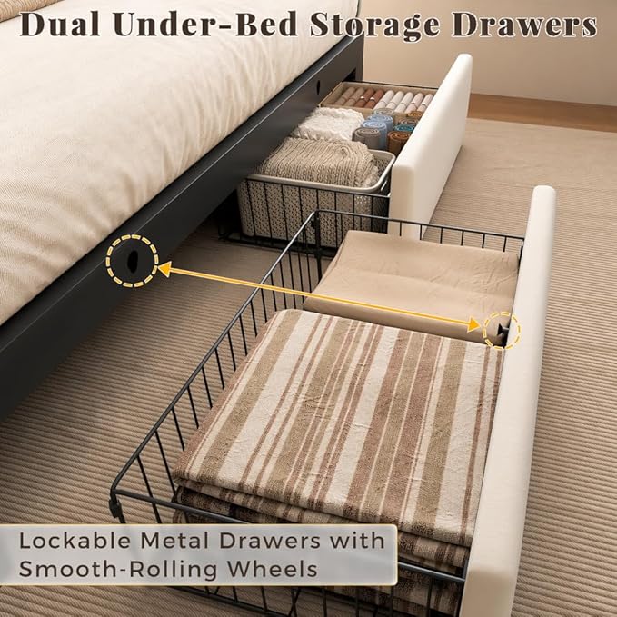 Queen Bed Frame with 2 Storage Drawers, Beige Velvet Upholstered | Platform Bed with Charging Ledge, LED Headboard Lighting, Metal Support, Noise Free, No Box Spring Needed, Easy Assembly