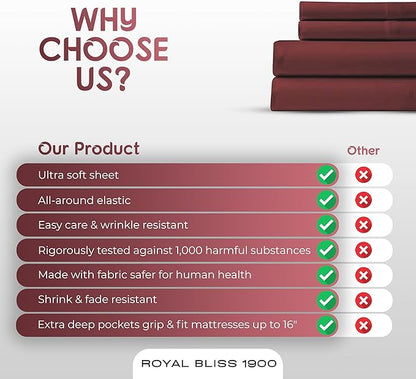 Royal Bliss King Size Sheets Set - 4 Piece Bedding - Wrinkle Free - Double Brushed, Deep Pocket, Cooling Sheets (Burgundy)
