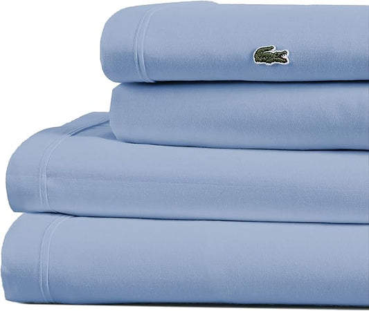 Lacoste 100% Cotton Percale 4-Piece Sheet Set – Cool, Crisp, Matte, and Durable, Oeko-Tex Certified – Solid, Allure Blue, Queen