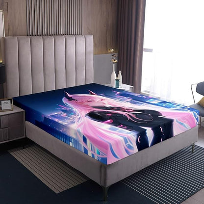 Erosebridal Japanese Anime Bed Sheets Twin Size, Anime Girl Fitted Sheet Kawaii Japanese Style Bedding Set Cartoon Japan Animation Bed Set for Boys Teens Adult Women Bedroom Decor