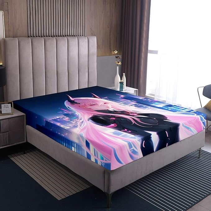Erosebridal Japanese Anime Bed Sheets Queen Size, Anime Girl Fitted Sheet Kawaii Japanese Style Bedding Set Cartoon Japan Animation Bed Set for Boys Teens Adult Women Bedroom Decor