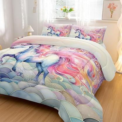 Pink Fantasy Unicorn Comforter Set King Rainbow Scales Unicorn 3pcs Bedding Set for Girls Boys Kids Cartoon Down Alternative Soft Lightweight Comforter with 2 Pillowcases All Season