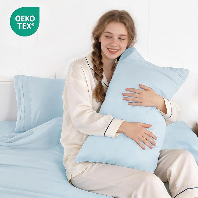 ROSE&RISY Baby Blue Queen Sheet Set, Pre-Washed Cotton-Like Brushed Microfiber, 4 Pcs Super Soft Breathable Cooling Bedding Set,Includes 1 Fitted, 1 Flat, 2 Pillowcases (Baby Blue, Queen)