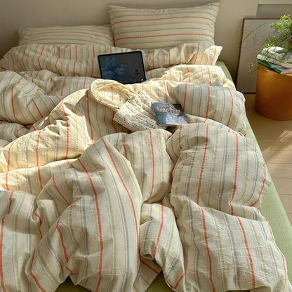 EAVD Retro Striped Duvet Cover Set King Size 100% Cotton Vintage 3-Pieces Stripes Bedding Set with 2 Pillowcases Farmhouse Geometric Comforter Cover with Zipper Closure(Orange&Blue&Green, King)