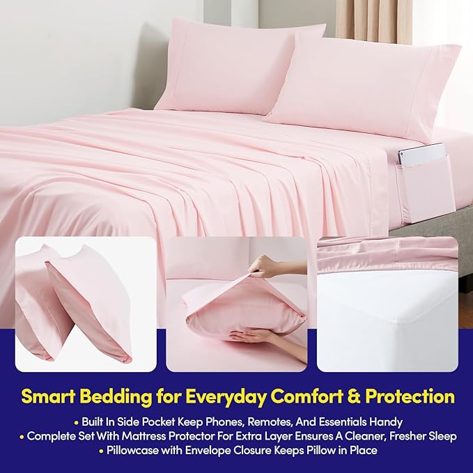 Queen Comforter Set Quilted Stripe Bedding Bundle – Comforter, Mattress Protector, Sheets with Pockets on the Side & Built-in Corner Strap – Fitted Sheet Media Pocket for Devices, Pale Pink