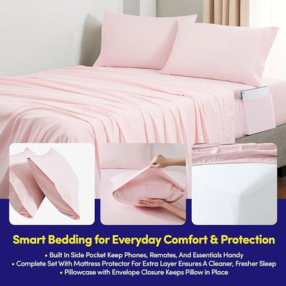 Queen Comforter Set Quilted Stripe Bedding Bundle – Comforter, Mattress Protector, Sheets with Pockets on the Side & Built-in Corner Strap – Fitted Sheet Media Pocket for Devices, Pale Pink