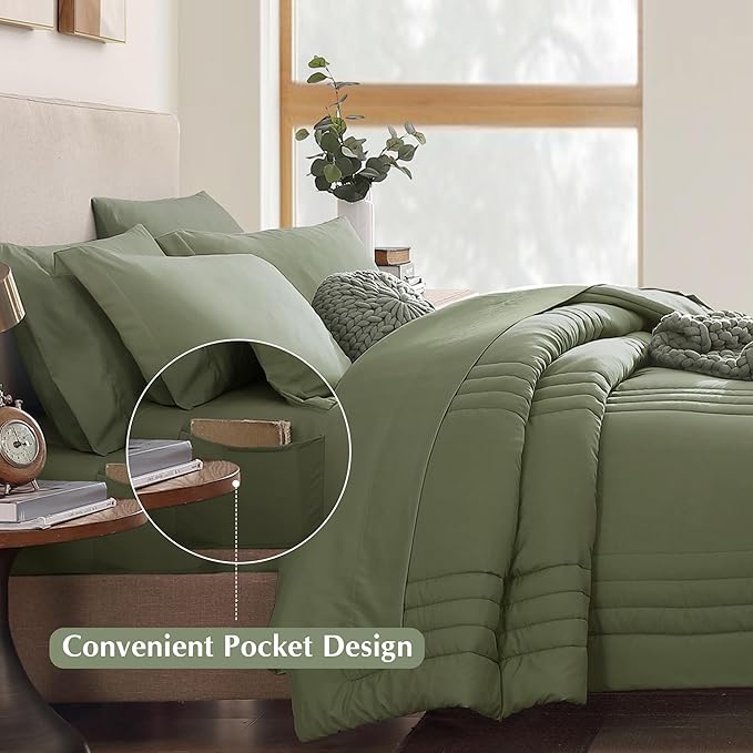 Monbix King Size Comforter Set - 7 Pieces Bed in a Bag King, Light Sage Green Bedding Sets with Comforter, All Seasons Comforter Bed Set with Sheets, Pillowcases & Shams