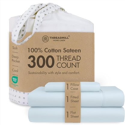 Threadmill Cotton Twin XL Sheet Set | 100% Cotton Sheets for Twin XL Size Bed | Solid Sateen Twin XL Bed Sheets Set with 16” Deep Pocket | Soft Breathable 3-Piece Cooling Sheets | Light Blue