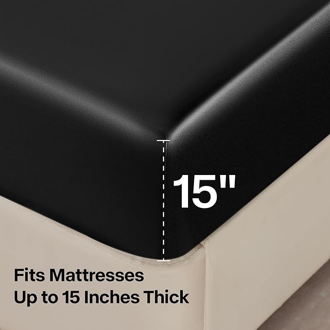 BEDELITE Satin Sheets Full XL Size Bed Set, Luxury Soft Black Silky Sheets for Hair and Skin, Similar to Silk Bed Sheets Set 4 Pieces with 1 Deep Pocket Fitted Sheet, 1 Flat Sheet, 2 Pillowcases