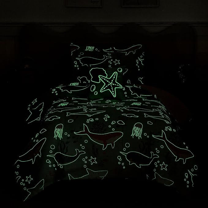 Twin Comforter Set for Girls-3 Pieces Ocean Animals Glow in the Dark Twin Bedding Sets for Kids,1 Comforter,1 Sham and 1 Decor Pillow