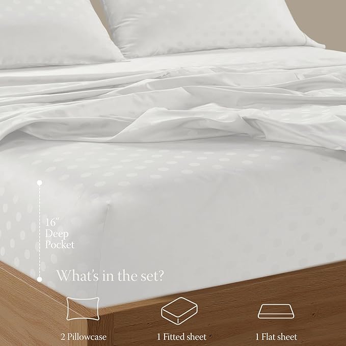 Threadmill 100% Cotton Sheets for King Size Bed | 4 Pc King Bed Sheets Set | Soft, Breathable Lightweight Damask Sateen for All-Season Use | Snug Fit Elastic Deep Pocket King Sheets | White