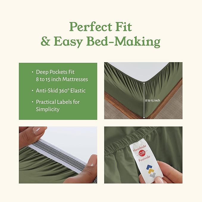 California Design Den Soft 100% Organic Cotton Bed Sheets California King Size Set with Deep Pockets - Crisp Percale Sheets, Breathable and Durable Bedding Set - Olive Green
