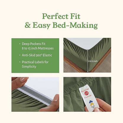California Design Den Queen Sheets Set - Soft 100% Organic Sheets with Deep Pockets, Crisp Percale, Breathable and Durable Bedding Set - Olive Green