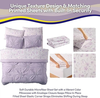 Floral Pintuck Comforter Set Full Size – Bed in a Bag with Sheets, Pillowcases & Shams – Soft Stylish Sports Bedding – All Season Boys Basketball Bed Set