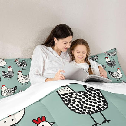 Erosebridal Chicken Comforter Set, Cartoon Chick Bedding Set King Size, Cute Farmhouse Animal Down Comforter for Children Young, Teal Black Bedding Sets & Collections Warm Soft Bedroom Decor