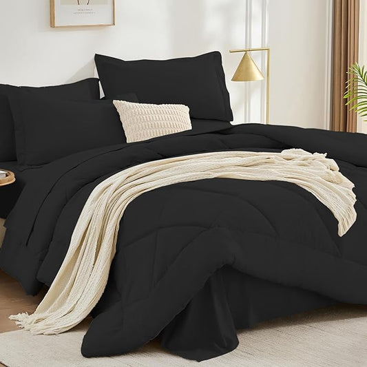 FUANNA 7 Pieces King Size Comforter Set, All Season Bed in a Bag King Size, Luxury Soft Bedding Sets with Comforter, Flat Sheet, Fitted Sheet, Pillowcases & Pillow Shams, Black