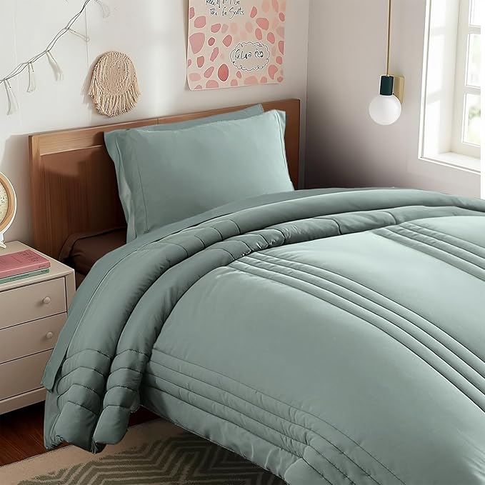 Monbix Twin XL Size Comforter Set - Extra Long 5 Pieces Dorm Bedding Sets, Quilting Design Fluffy Bed in a Bag Twin XL with Sheets, Pillowcase & Sham (Sage Green)