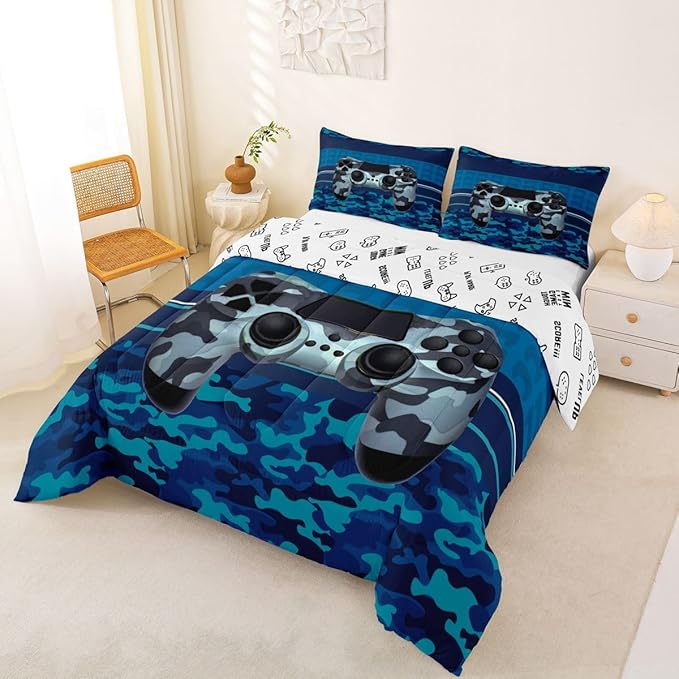 Feelyou Gamer Comforter Set Camouflage Gaming Video Game Bedding Set for Kids Boys Children Blue Camo Gamer Console Comforter Soft Gamepad Decor Quilt Set Full Size