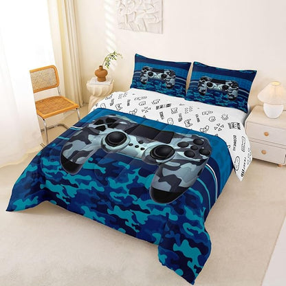Feelyou Gamer Comforter Set Camouflage Gaming Video Game Bedding Set for Kids Boys Children Blue Camo Gamer Console Comforter Soft Gamepad Decor Quilt Set Full Size