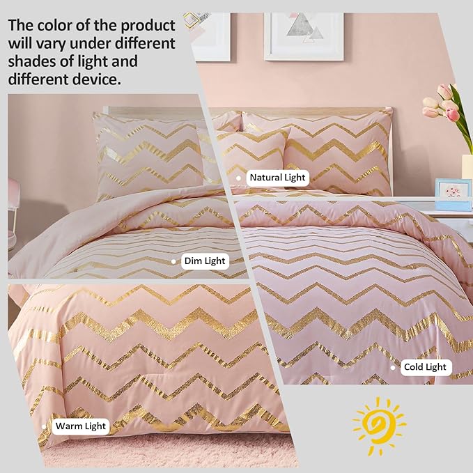 Menghomeus Pink Comforter Set Twin/Twin XL Size Metallic Blush and Rose Gold Bed Comforter 3 Piece Soft Microfiber Bedding for Teen Girls Women (1 Pillow Sham + 1 Decorative Pillow Sham)