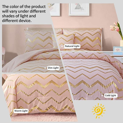 Menghomeus Pink Comforter Set Twin/Twin XL Size Metallic Blush and Rose Gold Bed Comforter 3 Piece Soft Microfiber Bedding for Teen Girls Women (1 Pillow Sham + 1 Decorative Pillow Sham)