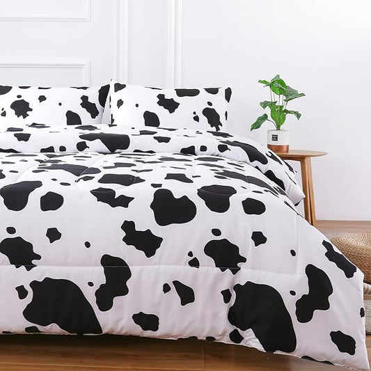 PERFEMET Cow Print Twin Comforter Set for Boys 3 Pieces Black White Teen Boy Bedding Sets Reversible Plaid Kids Bed Set for Teens Girls (Twin, Black and White)