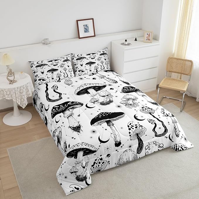 Castle Fairy Wild Mushroom Comforter Set King Size,Abstract Sun Moon Starry Bedding Set Gothic Plants Quilt Set for Kids Boys Teens Room Decor,Black White Sketch Style Duvet Insert with 2 Pillowcases