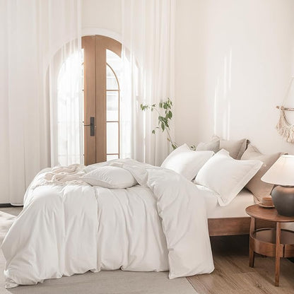 Off White Duvet Cover Super Queen Size 100% Washed Cotton Bedding Set Cover 1 Duvet Cover Zipper Closure and 2 Pillowcases, 98inchx90inch