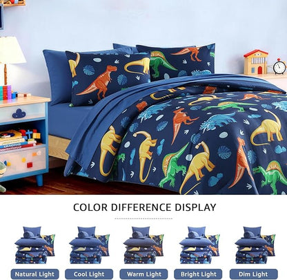 Twin Comforter Set for Boys-5 Pieces Navy Dinosaur Twin Bedding Sets for Kids, Ultra Soft Bed in A Bag with Sheets