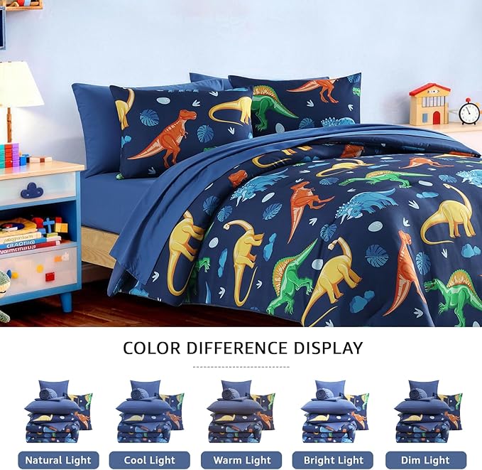 Full Size Comforter Set for Boys-7 Pieces Navy Dinosaur Full Bedding Sets for Kids, Ultra Soft Bed in A Bag with Sheets