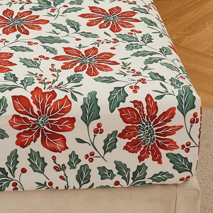 DAUAOTO Cotton Sheets Set Twin XL Holiday Printed Bedding Sets, Up to 14" Deep Mattress, Christmas Flower Pattern Bedlinen for Twin Extra Long Bed