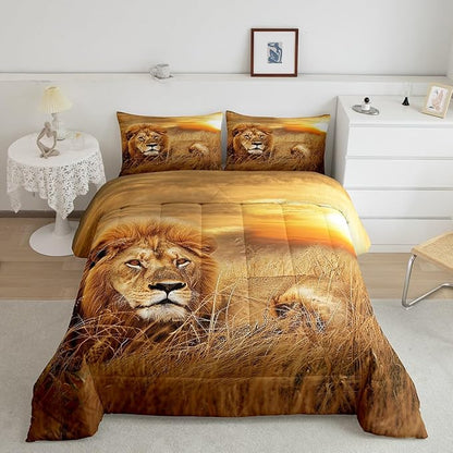 Lion Bedding Set King Size,3D Print Wild Animals Comforter Set for Teens Adult Men Room Decor,Natural Sunset View Quilt Set Rustic Prairie Duvet Insert 3pcs with 2 Pillowcases