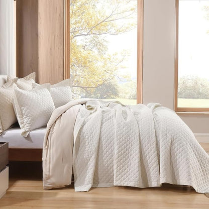 Grassix Linen Quilt Set Queen Size 3-Piece, 100% Linen Front & Cotton Back, Prewashed Diamond Stitch Bedspread with 2 Shams, Lightweight Breathable Quilt for Hot Sleepers, Modern Farmhouse Bedding