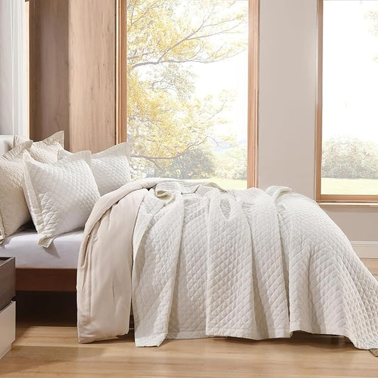 Grassix Linen Quilt Set Queen Size 3-Piece, 100% Linen Front & Cotton Back, Prewashed Diamond Stitch Bedspread with 2 Shams, Lightweight Breathable Quilt for Hot Sleepers, Modern Farmhouse Bedding