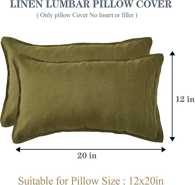 Simple&Opulence 100% Linen Lumbar Pillow Cover 12 x 20 Inches Set of 2 Rectangular Decorative Throw Cushion Cover for Couch Sofa Bed Living Room Office Soft Breathable Farmhouse - Olive Green