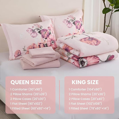 King Size Comforter Set - 7 Pieces Floral Comforter and Sheet Set, Pink King Size Bed in a Bag, Soft Microfiber Flower Complete Bedding Set for All Seasons（Pink,104"x90"）