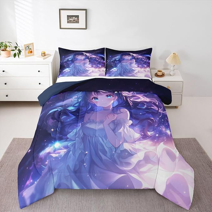 Erosebridal Anime Girls Bedding Anime Gifts Comforter Set for Kids Purple 3D Galaxy Printing Bedding Sets, Cartoon Long Curly Hair Girly Printed Comforter Kids Kawaii Japanese Girl Bed Set, King