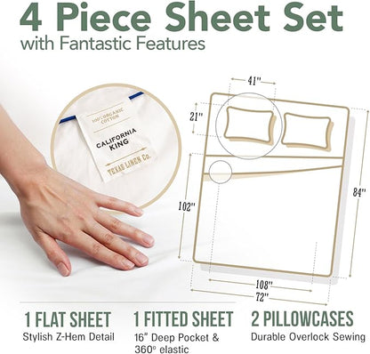 TEXAS LINEN CO. 100% Organic Cotton Printed Sheets California King Size - 4 PC Organic Cotton Cal King Percale Weave Sheet Set, Soft, Cooling & Crisp, 16" Deep Pocket - Pinstripe - Light Grey