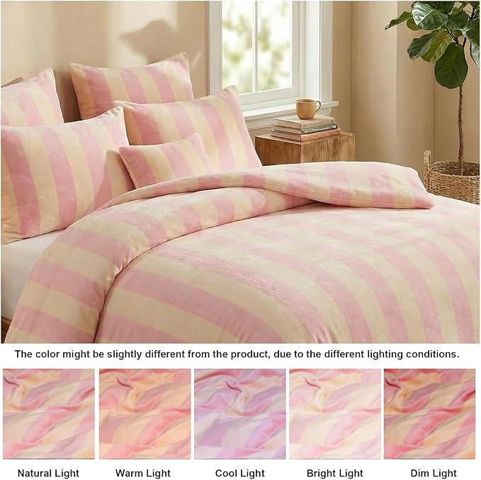 Bedbay Pink Striped Comforter Set King Size Luxury Velvet Comforter Set Cozy Reversible Fleece Soft & Warm Fluffy Flannel Bedding Blush Yellow Stripes Pattern King Bed Set 3 Pcs with Pillowcases