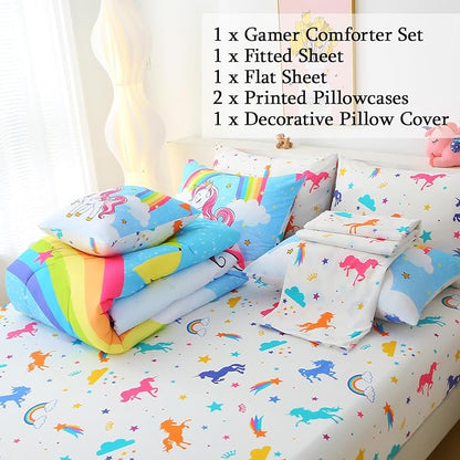 JQinHome Unicorn Twin Bedding Sets for Girls Kids,6 Piece Bed in A Bag 3D Blue Sky Rainbow Clouds Theme Unicorn Comforter Set with Sheet Set(Blue)
