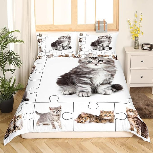 3D Cats Print Bedding Set Cute Pet Theme Duvet Cover Set Lovely Kittens Kids Comforter Cover Set Cartoon Animal Bedspread Cover Bedroom Quilt Cover 3Pcs King with 2 Pillowcase,No Comforter