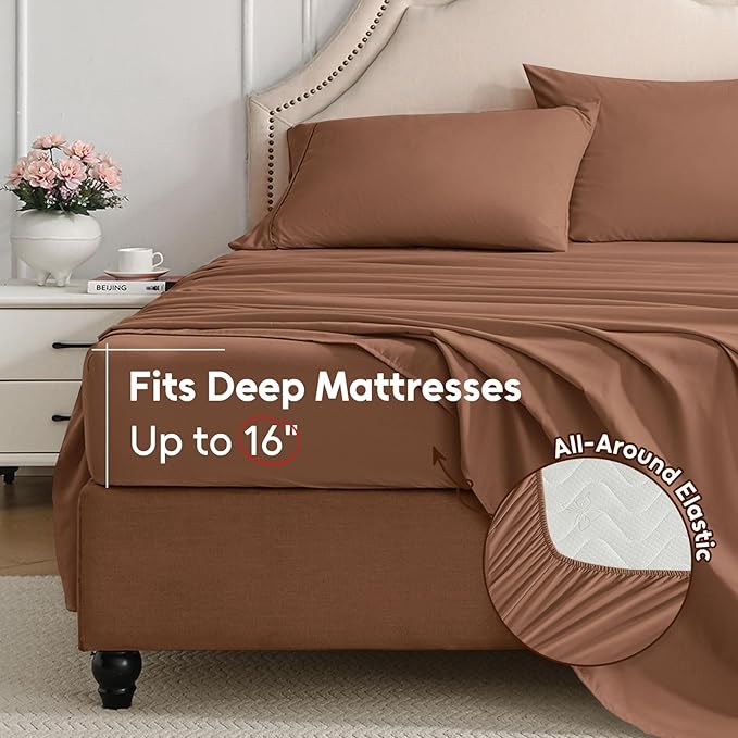 Queen Sheet Set, 4 Pieces Hotel Luxury Soft Microfiber Queen Bed Sheets Set, Up to 16" Deep Pockets, Oeko-Tex Sheets with Elastic, Breathable, Wrinkle Free (Brown,Queen)