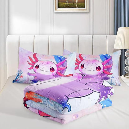 Cute Axolotl Bedding Set Full Size,Pink Axolotl Waterweed Pattern Toddler Bed Comforter Set,Kawaii Sea Life Bedding Sets for Kids Boys Girls Room Decoration with 2 Pillowcases.