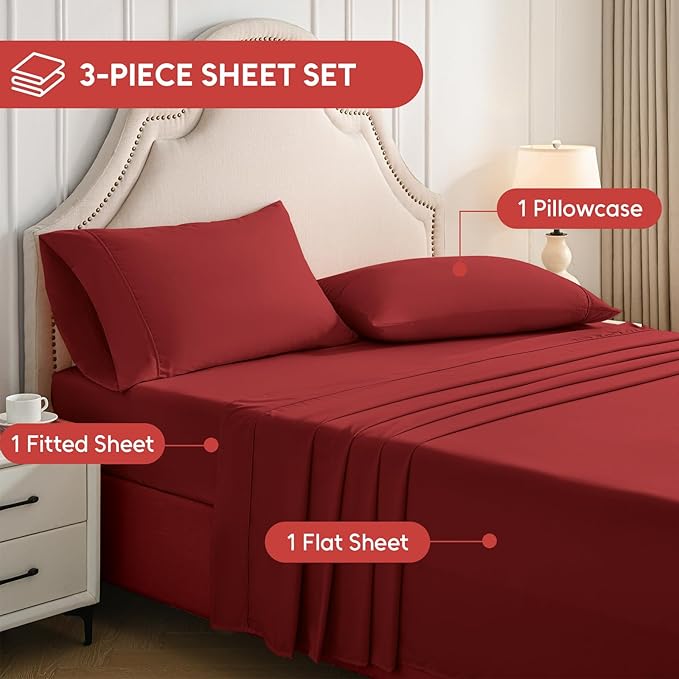 Twin Sheets Set, 3 Pieces Hotel Luxury Soft Microfiber Bed Sheets Set, Up to 16" Deep Pockets, Oeko-Tex Sheets with Elastic, Breathable, Wrinkle Free (Wine Red, Twin)