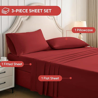 Twin Sheets Set, 3 Pieces Hotel Luxury Soft Microfiber Bed Sheets Set, Up to 16" Deep Pockets, Oeko-Tex Sheets with Elastic, Breathable, Wrinkle Free (Wine Red, Twin)