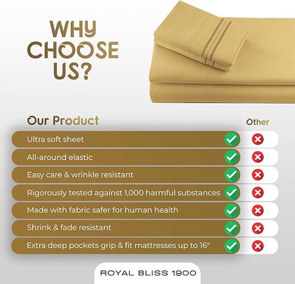 Split Queen Sheets - 5 Pcs Set for Adjustable Bed - Soft, Wrinkle-Resistant (Gold)