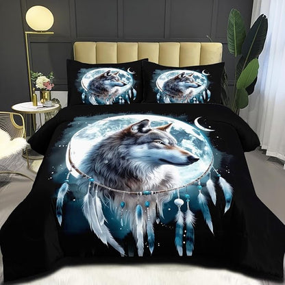 Wolf Comforter Set Queen Size, Wolves Moon Bedding Set, Dream Catcher & Animal Pattern on Black Bedding, Western Boho Tribal Comforter Soft Microfiber Down Quilt 3 Pieces