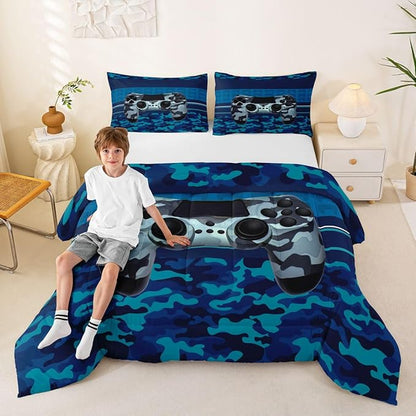 Feelyou Gamer Comforter Set Camouflage Gaming Video Game Bedding Set for Kids Boys Blue Camo Gamer Console Comforter Soft Gamepad Decor Quilt King Size Boys